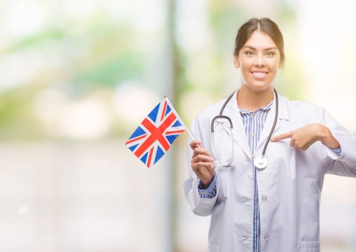 Young,Hispanic,Doctor,Woman,Holding,Flag,Of,United,Kingdom,With